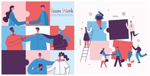Vector Illustration Of The Office Concept Business People In The Flat Style. E-commerce And Team Work Business Puzzle Concept