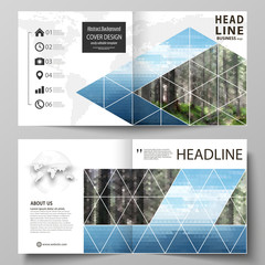 Templates for square design bi fold brochure, flyer. Leaflet cover, vector layout. Colorful background made of triangular or hexagonal texture, travel business, natural landscape in polygonal style