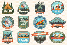 Set Of Summer Camp, Canoe And Kayak Club Badges. Vector. Concept For Patch. Retro Design With Camping, Mountain, River, American Indian And Kayaker Silhouette. Extreme Water Sport Kayak Patches