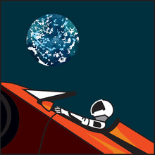 Star man in space suit on car and Earth in open space, shipped on February, 2018. Illustration with astronaut in space with dark sky and car for poster.	