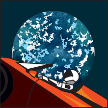 Star man in space suit on car and blue Earth in open space, shipped on February, 2018. Illustration with astronaut in space with dark sky and car for poster.	