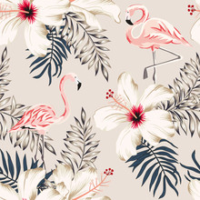 Pink Flamingo, Palm Leaves, White Hibiscus Flowers, Beige Background. Vector Floral Seamless Pattern. Tropical Illustration. Exotic Plants And Birds. Summer Beach Design. Paradise Nature