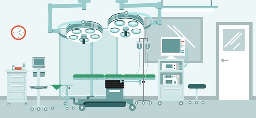 Medicine surgery concept with empty operating room. Modern hospital interior with furniture and equipment for operation. Vector illustration in flat style.