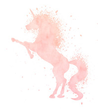 Watercolor Unicorn Silhouette Painting With Splash Texture Isolated On White Background. Cute Pink Magic Creature Illustration.