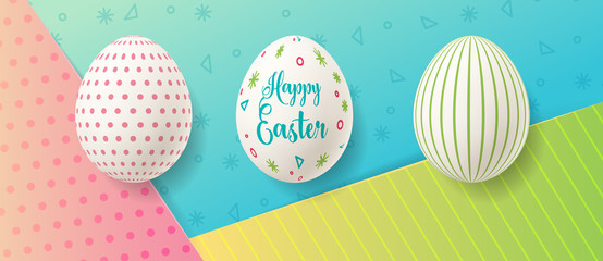Wall Mural - Easter eggs on colorful paper background with cute pattern