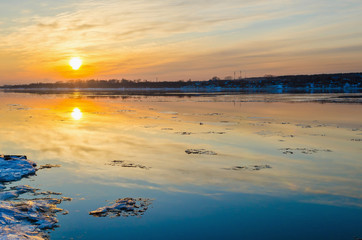 Wall Mural - sunset on the kama river near the city of perm.