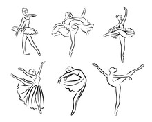 Artistic Hand Drawn Pictures Set Of Theatre Theme. Ballerinas Dancing. Ballerina Dancer With Tutu, Pose Woman In Ballet, Vector Illustration