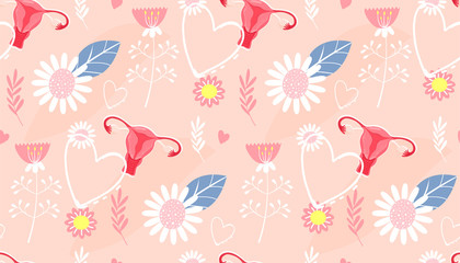  Seamless pattern. Uterus, hearts and flowers. Vector illustration for textile, medicine, poster, background, book.