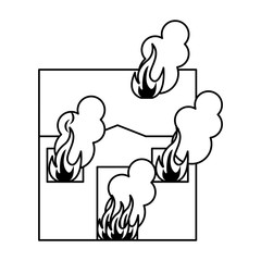 Sticker - House in fire cartoon black and white