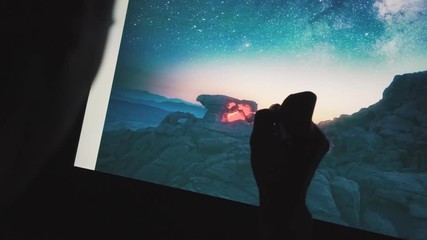 Wall Mural - creative photographer working with shot on the interactive screen pen tablet at night