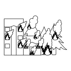 Sticker - Buildings and forest in fire black and white