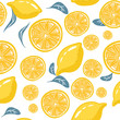 Fresh lemons for fabric, drawing labels, print on t-shirt, wallpaper of children's room, fruit background.Seamless bright light pattern. Slices of a lemon doodle style cheerful background