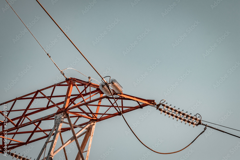 Power pylon array and details. Energy plant, red and white metal ...