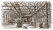 Interior Iron Construction Of A Historical Factory Building, After An Etching Or Engraving From The 19th Century