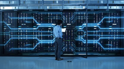 Aufkleber - IT Specialist Standing In front of Server Racks with Laptop, He Activates Data Center with a Touch Gesture. Animated Concept of Digitalization of Information: Network of Lines Spreading Symmetrically