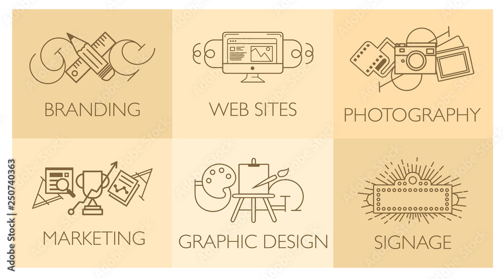 Creative design process concept with web studio development elements. Flat line icons modern style vector illustration set.  - obrazy, fototapety, plakaty 