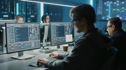 Fototapete - Team of IT Programers Working on Desktop Computers in Data Center Control Room. Young Professionals Writing on Sophisticated Programming Code Language