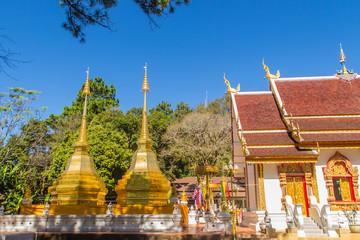 Beautiful golden pagodas at Wat Phra That Doi Tung, Chiang Rai. Wat Phra That Doi Tung comprises of a twin Lanna-style stupas, one of which is believed to contain the left collarbone of Lord Buddha.