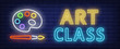 Art class neon text with palette and brush