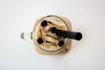 Poster - ice milk tea and bubble boba on white background, Taiwan fresh drink tea with milk