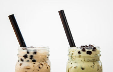 Poster - ice milk tea and bubble boba on white background, Taiwan fresh drink tea with milk