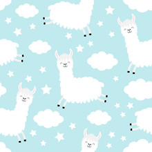 Seamless Pattern. Alpaca Llama Jumping. Cloud Star In The Sky. Cute Cartoon Kawaii Funny Smiling Baby Character. Wrapping Paper, Textile Template. Nursery Decoration. Blue Background. Flat Design