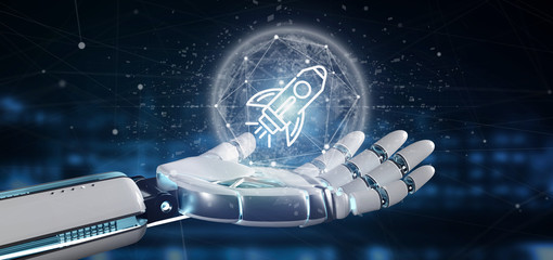 Poster - Cyborg hand holding a  start up rocket on a sphere 3d rendering