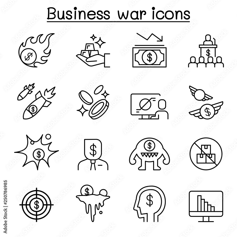 Business war, Business sanction, trade war, import tax icon set in thin line style - obrazy, fototapety, plakaty 
