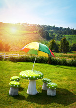 Colorful Umbrella On Green Bench Sunlight On Green Grass In The Garden And Hill Background