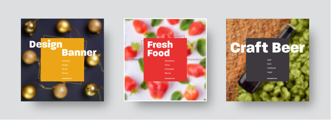 Poster - Set of templates vector banner with a photo on the background and a square color element with a stroke for text.