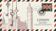 © paseven - Vector postcard or envelope with Big Ben in London, old keys and inscriptions. Retro postcard with postmark in form of royal coat of arms and postage stamp with flag of United Kingdom