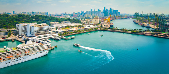 Fototapete - Panoramic harbor landscape of Singapore. Cruise ship in port.