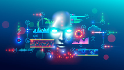 Artificial intelligence abstract concept banner. Digital mind analyzes data information. AI connection with neural network, solves business tasks. Cyber face looking at hud graphic interface.