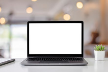 Mockup Digital Laptop Blank White Screen On Wood Table At  Coffee Shop