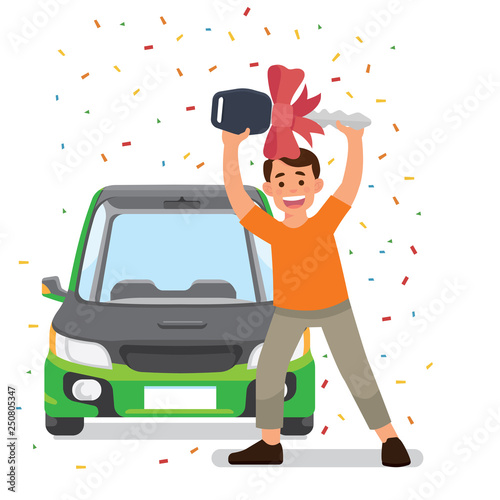 Vector Illustration A Happy Man Win A Car A Surprise Man