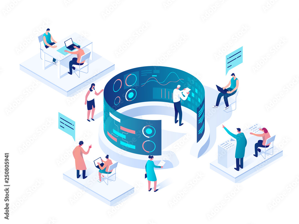 People interacting with charts and analyzing statistics. Data visualization concept. 3d isometric vector illustration. - obrazy, fototapety, plakaty 