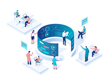People Interacting With Charts And Analyzing Statistics. Data Visualization Concept. 3d Isometric Vector Illustration.
