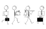 Fototapeta Psy - Cartoon stick figure drawing conceptual illustration of group of men or businessmen leaving or moving with office equipment in hands.