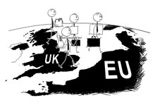 Cartoon Stick Figure Drawing Conceptual Illustration Of Group Of Businessmen Leaving United Kingdom To EU Or European Union As Concept Of Business Leaving UK During Brexit.