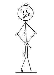 Sticker - Cartoon stick figure drawing conceptual illustration of man suffering pain with hands on his crotch or crutch or groin, marking some illness or need to pee or urinate .