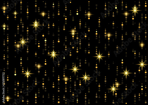 Sparkling Golden Rain Background - Falling Starry Lights on Black, Abstract V...