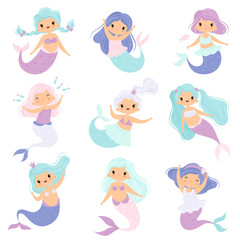 Wall Mural - Cute Little Mermaids Set, Lovely Fairytale Girl Princess Mermaid Characters Vector Illustration