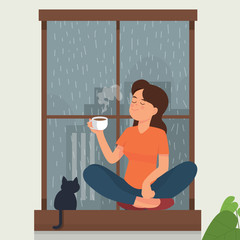 vector illustration of a girl drink tea/coffee near a window while rain outside. A girl drink/enjoy tea with her cat. girl sitting on a window drink tea/coffee 