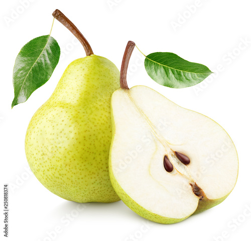 Fotografía Green yellow pear fruit with pear half and green leaves isolated on white background with clipping path
