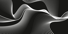 Waves Of White Lines. Monochrome Background, Black Backdrop, Abstract Dark Wallpaper, Vector Design 