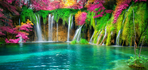 waterfall landscape of plitvice lakes croatia.