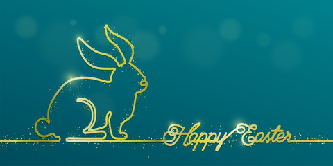 Wall Mural - happy easter banner background in simple gold one line style with shine bunny, greeting text, glitte