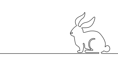 Wall Mural - Easter bunny banner background in simple one line style with copy space in left side. Black and white minimal rabbit concept vector illustration