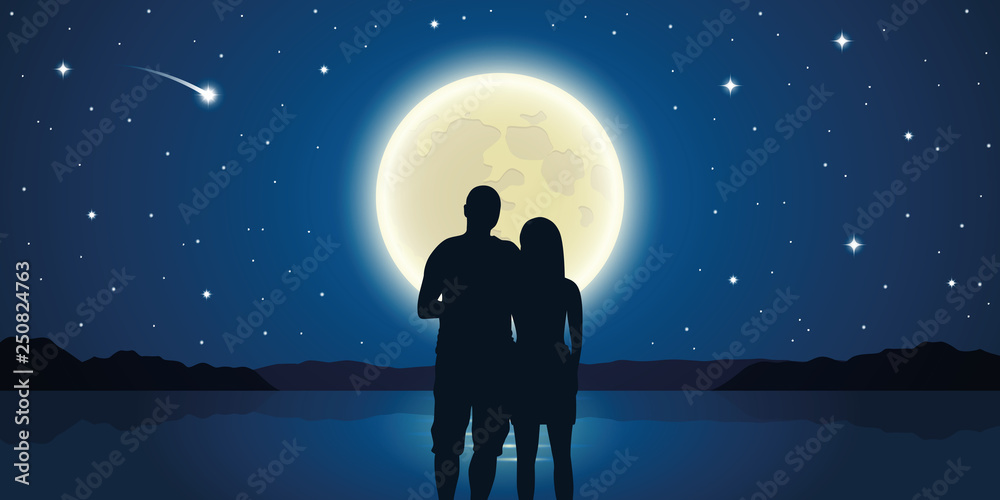 romantic night couple in love at the sea with full moon and falling ...