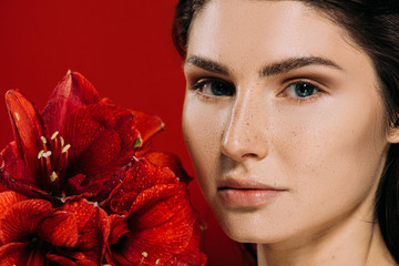 Wall Mural - beautiful woman with freckles on face holding amaryllis flowers, isolated on red